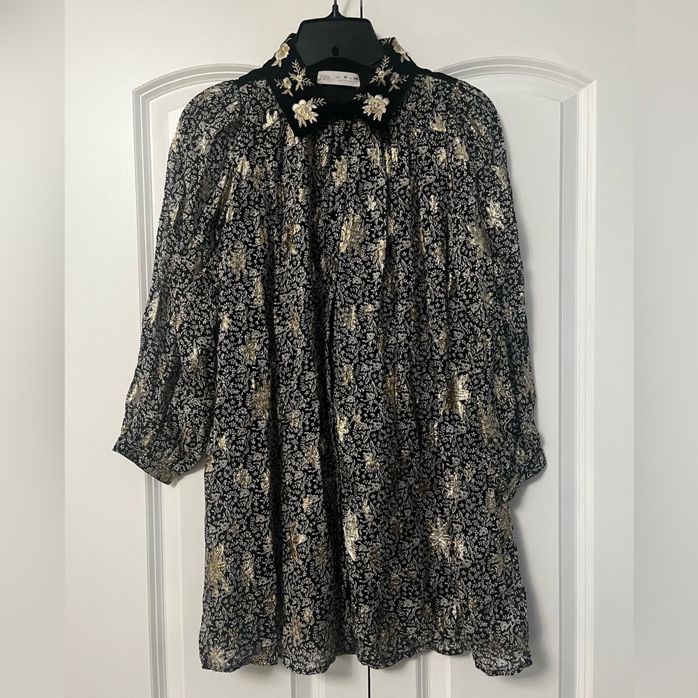 Zara Black Floral Long Sleeve Shirtdress- Girls